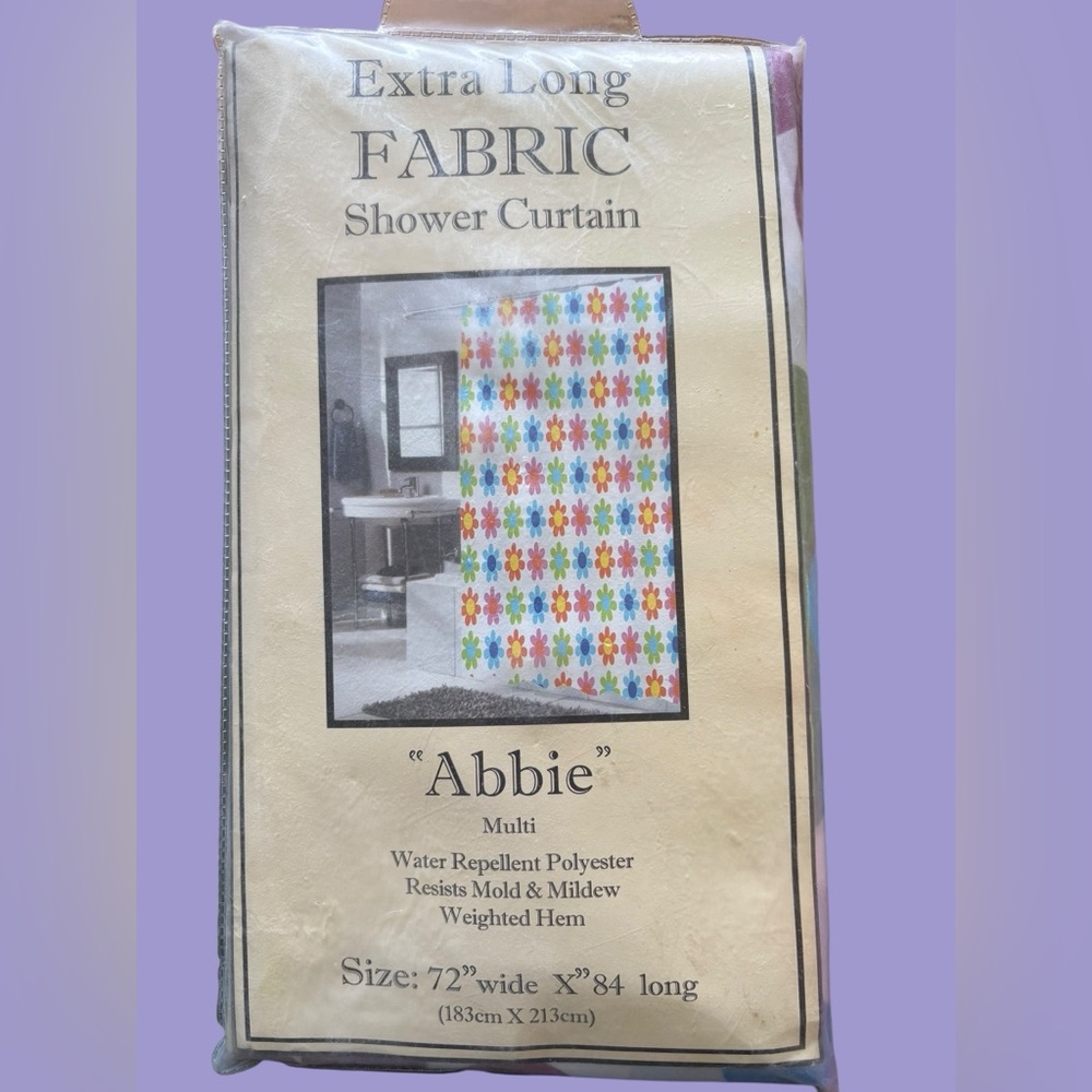 Extra long shower curtain. New in package “Abbie” flower design.
